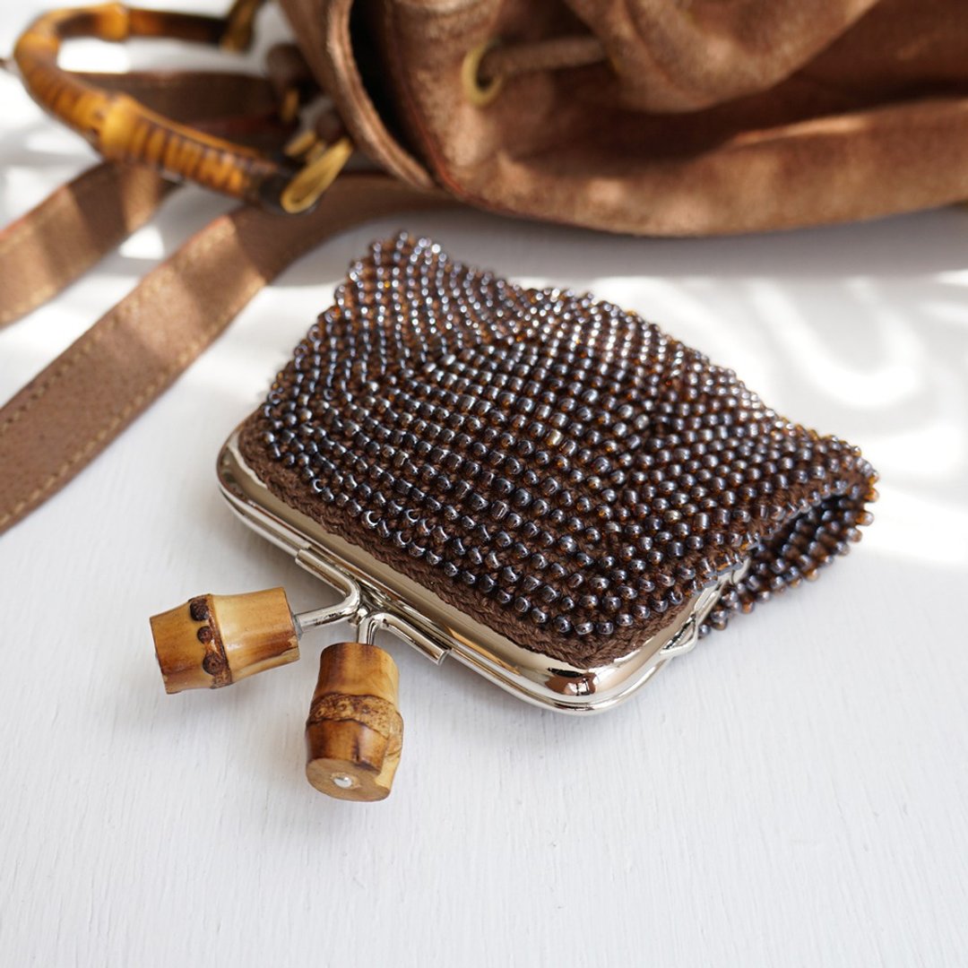 Ba-ba handmade Beads crochet square coinpurse No.1529 - 皮夹/钱包 - 其他材质 咖啡色