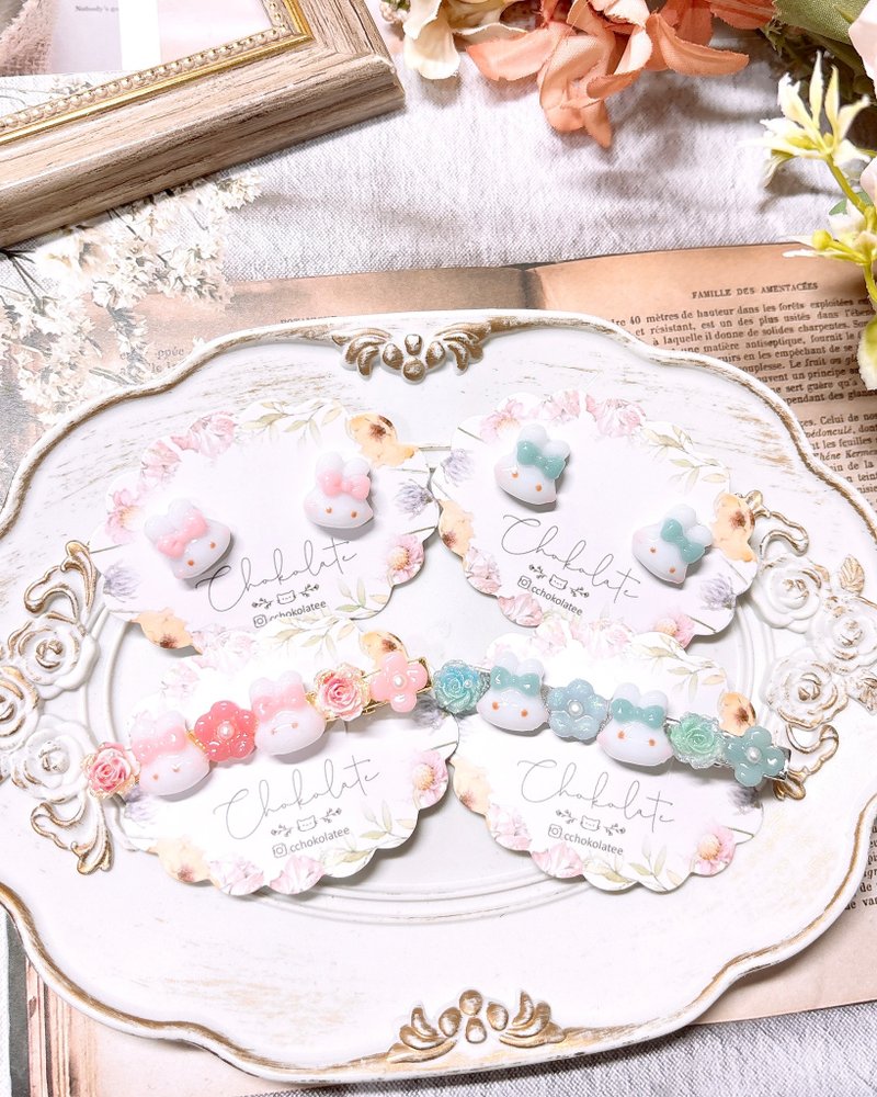 *订制款*超可爱兔子耳钉 耳夹 S925 纯银耳针 发夹 - 耳环/耳夹 - 树脂 粉红色