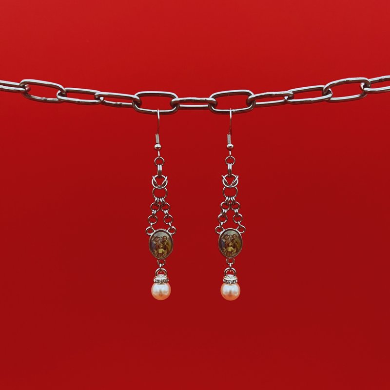 MrR手作不锈钢圈S925银钩圣洁家庭珍珠吊坠吊挂式耳环一对 - 耳环/耳夹 - 不锈钢 银色