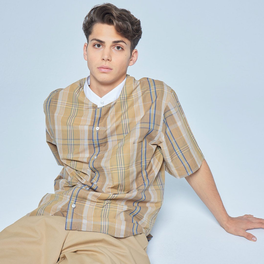 Stone'As STAND-UP COLLAR PLAID SHIRT / 立领格纹衬衫 - 男装衬衫 - 棉 卡其色