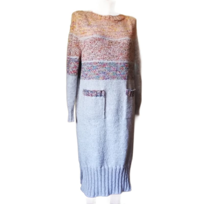 条纹彩虹手工针织连衣裙毛衣钩针多色束腰外衣口袋风格 - 洋装/连衣裙 - 其他材质 多色