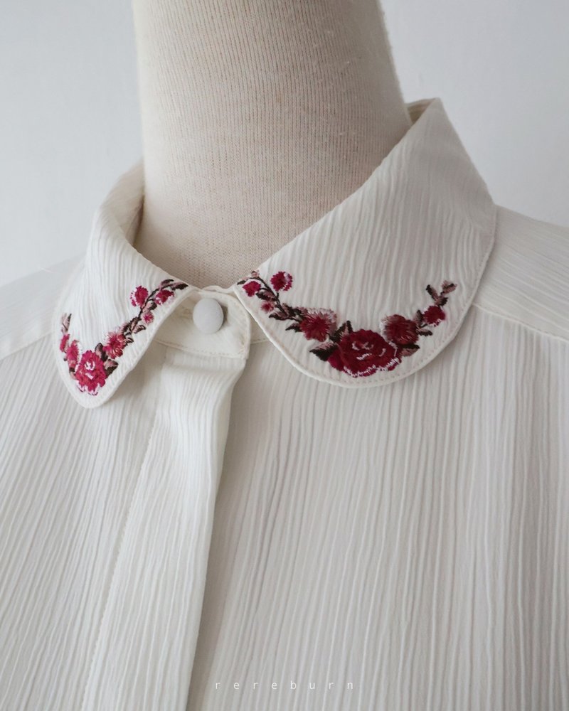 复古刺绣领宽松欧美版型长袖米色古着衬衫 - 女装衬衫 - 聚酯纤维 黄色