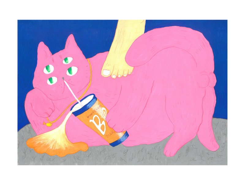 原创手绘四眼粉猫massage艺术微喷装饰画 - 其他 - 纸 白色