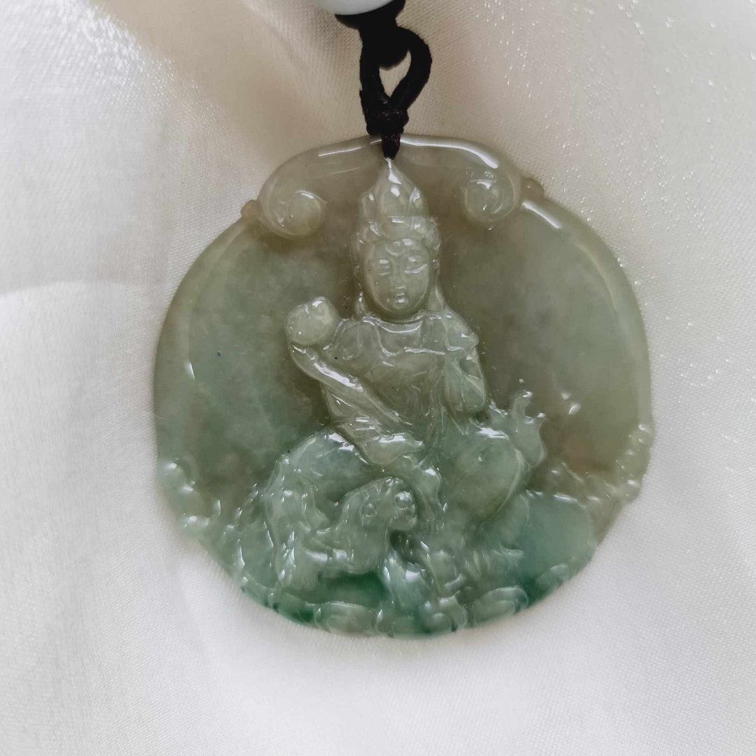 细料油清文殊菩萨挂件 | 天然缅甸玉A货翡翠 - 项链 - 玉石 