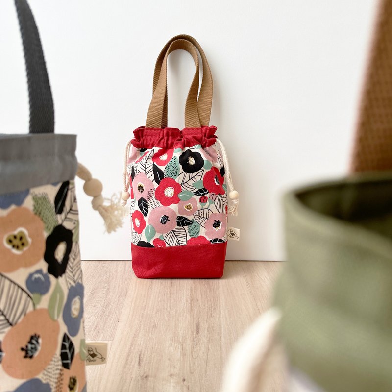 【River】小束口手提袋/山茶花/红 - 手提包/手提袋 - 棉．麻 红色