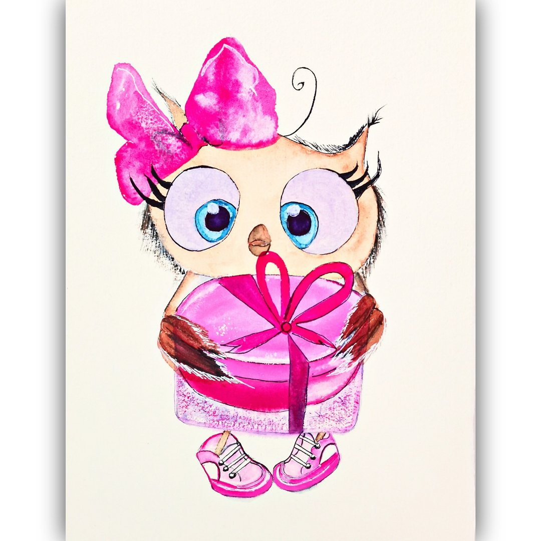 Watercolor Original Animal Room Decor Owl Artwork Fairy Illustration Painting - 海报/装饰画/版画 - 纸 粉红色
