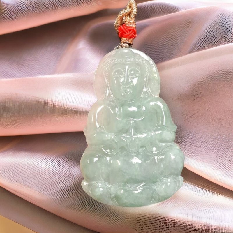 飘花翡翠宝瓶观音菩萨项链 | 天然缅甸玉翡翠A货 | 送礼 - 项链 - 玉石 绿色