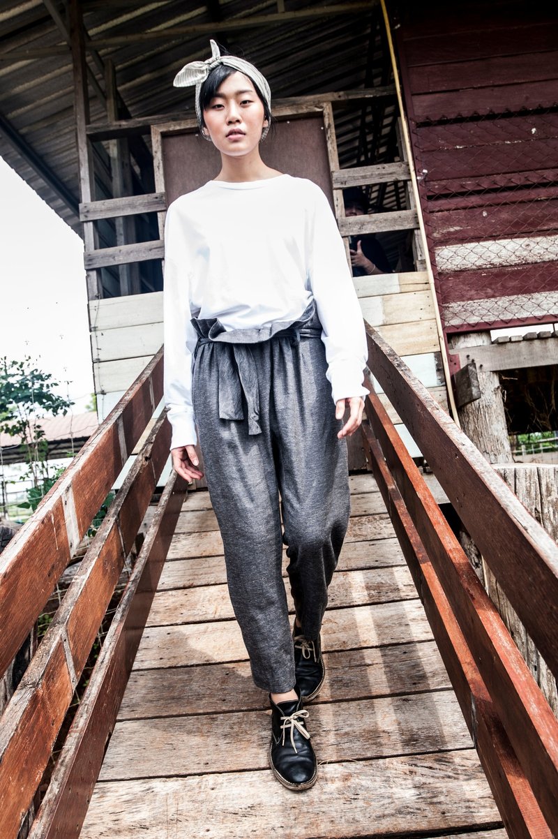 Mani Mina 黑色蝴蝶结宽裤 - 女装长裤 - 棉．麻 