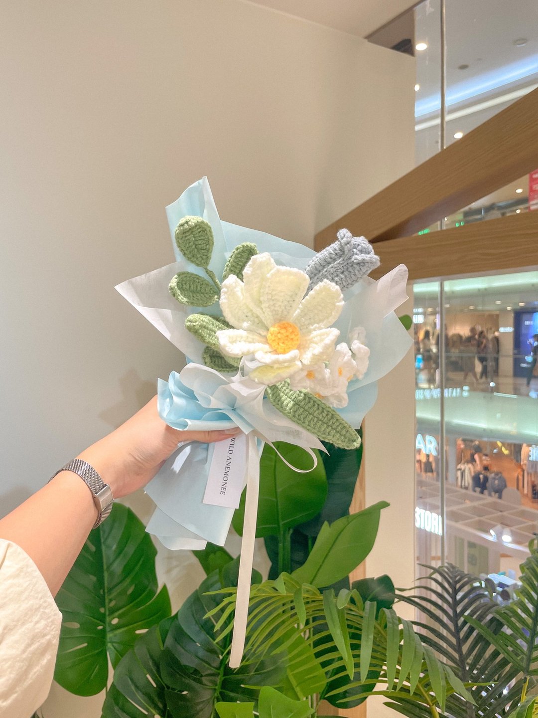 钩针编织花束 - 粉蓝郁金香 - 干燥花/捧花 - 棉 蓝色