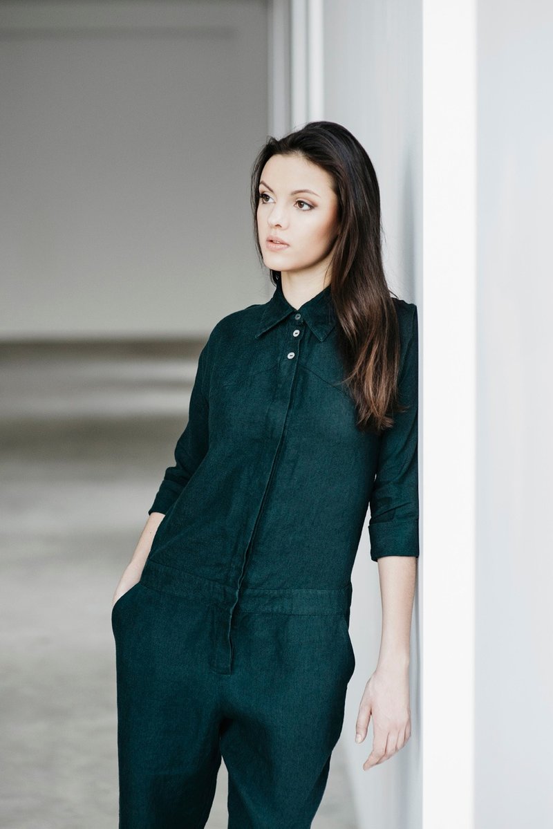 Lower Waist Linen Jumpsuit Motumo 15K3 - 背带裤/连体裤 - 亚麻 多色