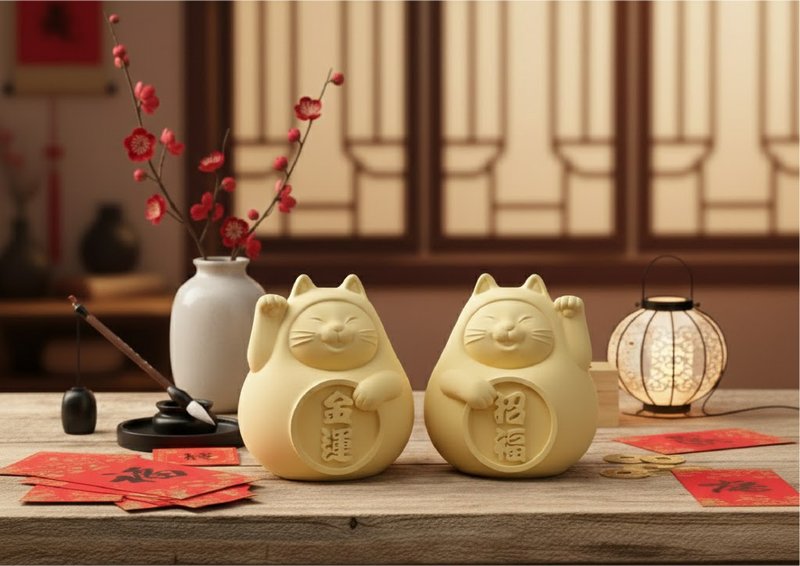 胖胖招财招福猫一对 (中) 招财黄 - 香薰/精油/线香 - 珍珠 黄色