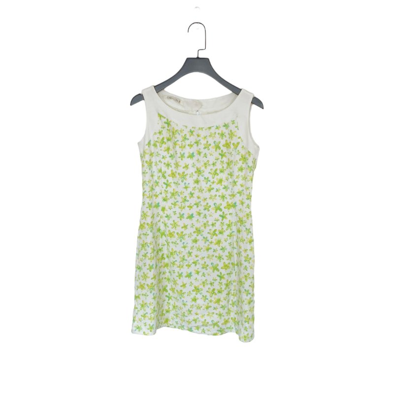 二手 白绿黄 印花 轻薄飘逸 拼接 窄版 洋装 OPD307 - 洋装/连衣裙 - 聚酯纤维 绿色