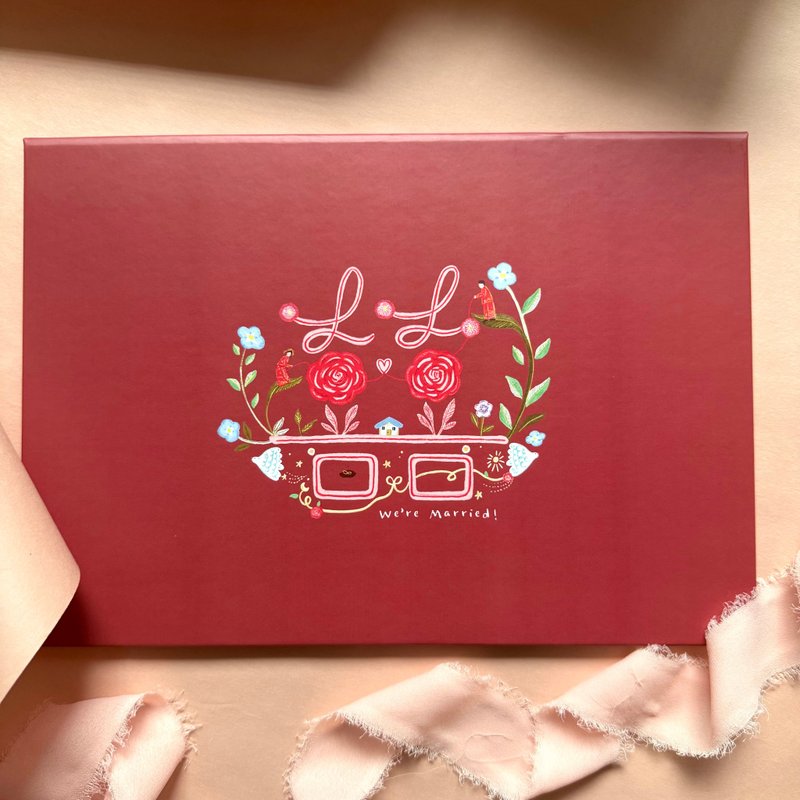 【快速出货】结婚书约夹 横式喜字花园 可爱插画 证书夹 硬壳 - 婚礼誓言书 - 纸 红色