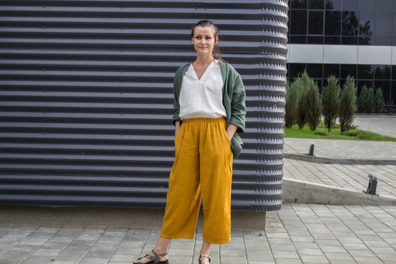 高腰亚麻宽裤 (附口袋) - 亚麻裙裤 - 宽松亚麻长裤 - 男士长裤 - 亚麻 橘色