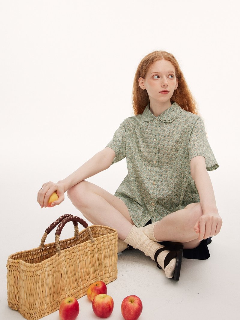 文艺清新  全棉印花双层元宝领短袖衬衫 - 女装上衣 - 棉．麻 黄色