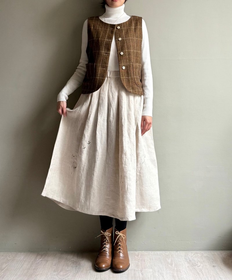 如诗森林/设计师插画图案刺绣设计款/折子棉麻中长裙/只有一件 - 裙子 - 棉．麻 