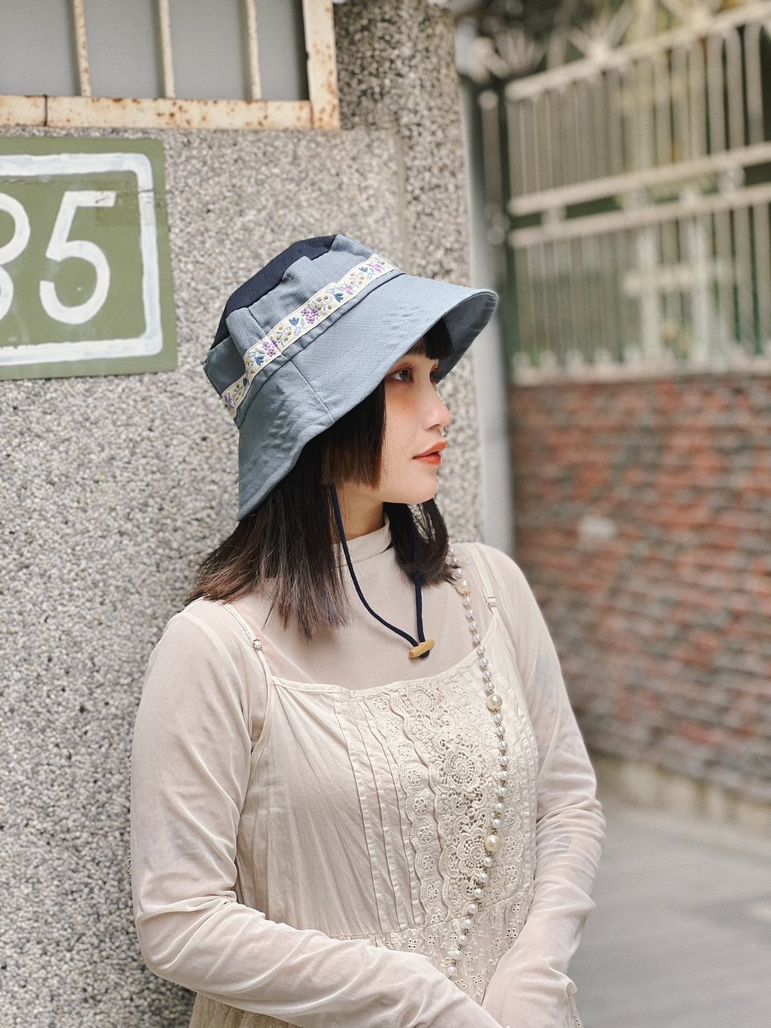 花花织纹拼接渔夫帽 蓝灰 - 帽子 - 棉 