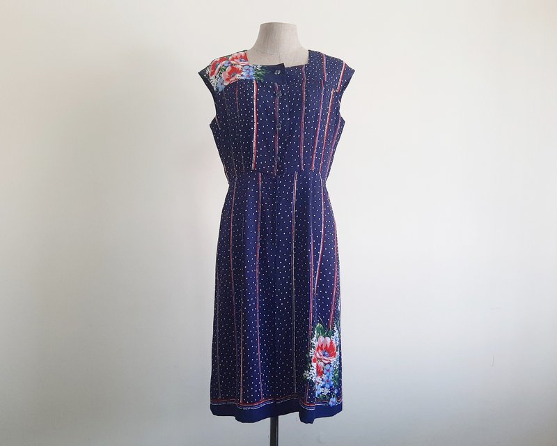 大号复古海军蓝碎花洋装 女式白色圆点洋装 条纹洋装 - 洋装/连衣裙 - 聚酯纤维 蓝色