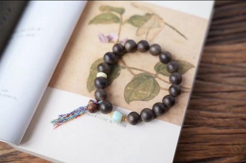 11mm天然沈香/沈香 绿松石桶珠珠设计单圈手串手持fs - 手链/手环 - 木头 咖啡色