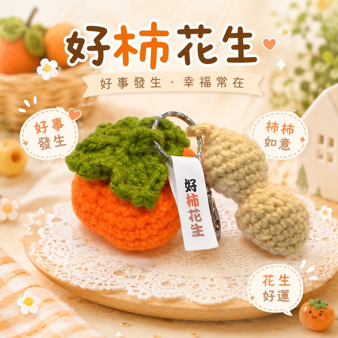 【YP 手工制】好柿花生手作毛线吊饰/好事发生・疗愈系幸运小物 - 钥匙链/钥匙包 - 棉 橘色