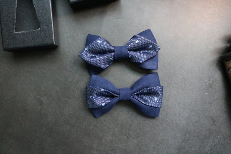 藍色麂皮拼接真絲格紋領結婚禮商務蝴蝶結 - 领带/领带夹 - 丝．绢 蓝色