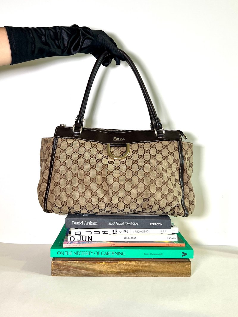 Gucci啡色老花黑色皮革水饺包侧肩孭背手袋 日出中古二手vintage - 侧背包/斜挎包 - 其他材质 咖啡色