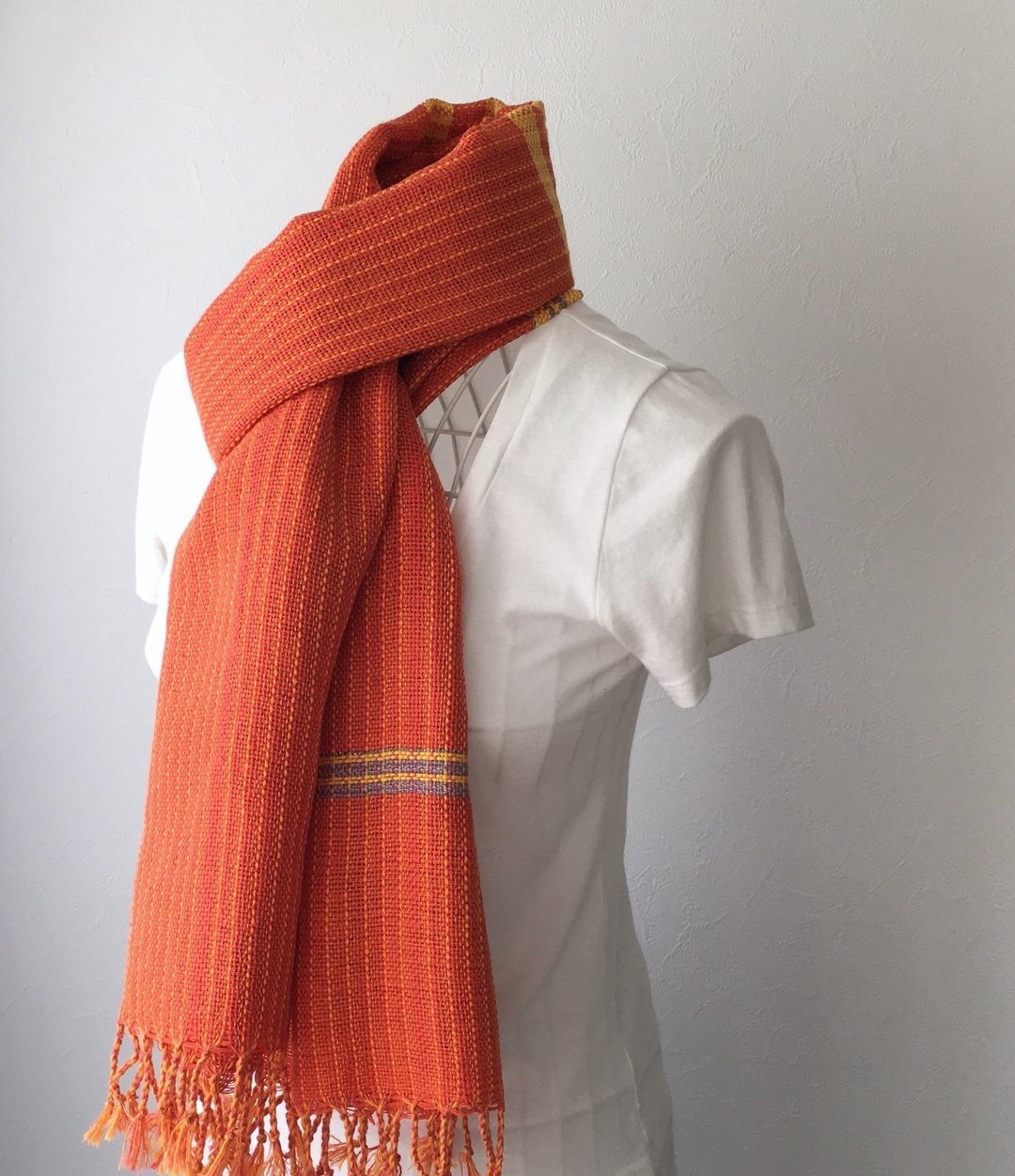 [Linen& Cotton: All Seasons] Handwoven Shawl "Orange Stripe" - 丝巾 - 棉 橘色