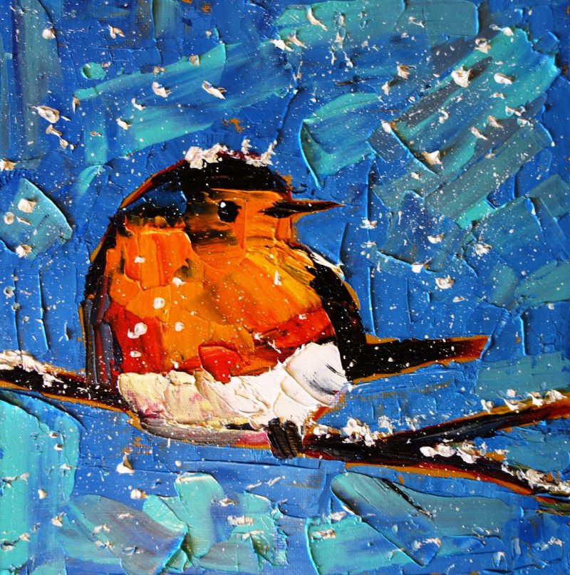 Chickadee Painting Oil Bird Original Art Artwork Animal Canvas Art Impasto - 海报/装饰画/版画 - 颜料 多色