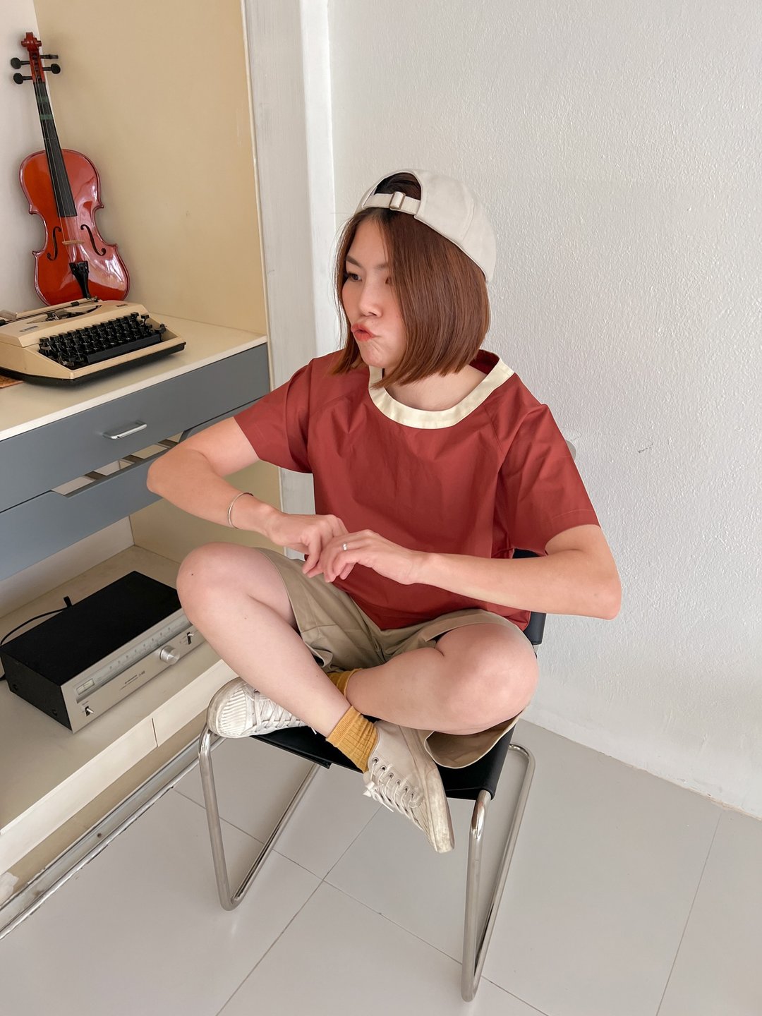 TwoTone Cotton Blouse 棉布 : Brick color 砖色 - 女装上衣 - 棉 红色