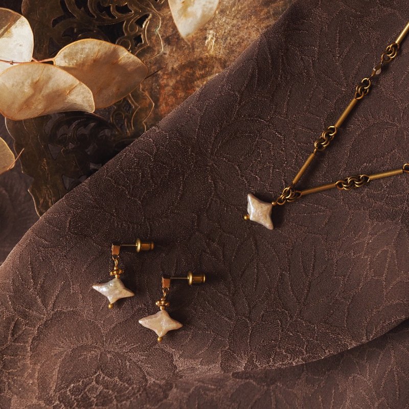 【 优惠套组 】古典锁链 菱形珍珠系列 / 短耳环+项链 - 项链 - 铜/黄铜 金色