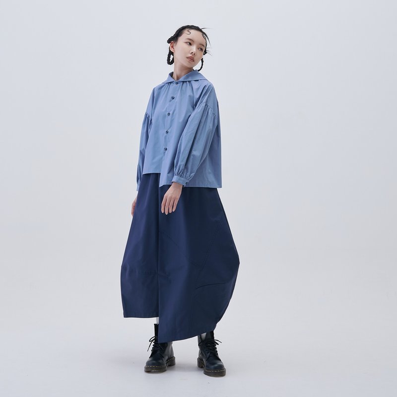 不对称球型立体长裙 - 裙子 - 棉．麻 蓝色