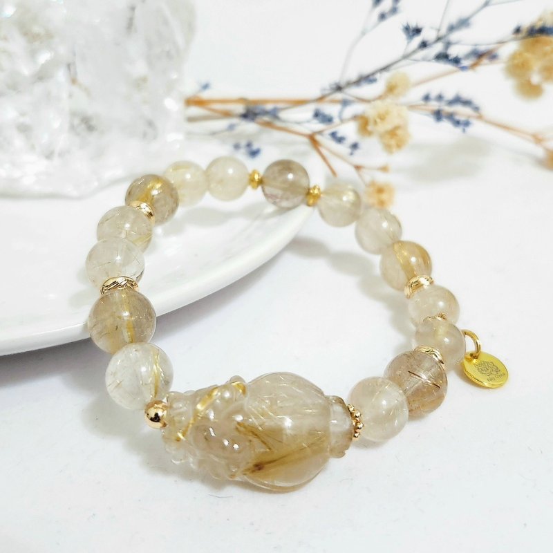 手雕透体钛晶龙龟设计手链/正偏财都招、避邪挡煞之水晶 - 手链/手环 - 水晶 金色