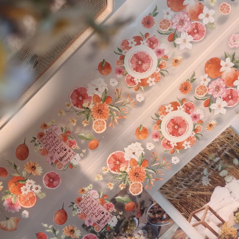 東西社文創【橙甜伴侶】PET切模手帳貼紙 水果甜橙膠帶輕復古拼 - 纸胶带 - 其他材质 