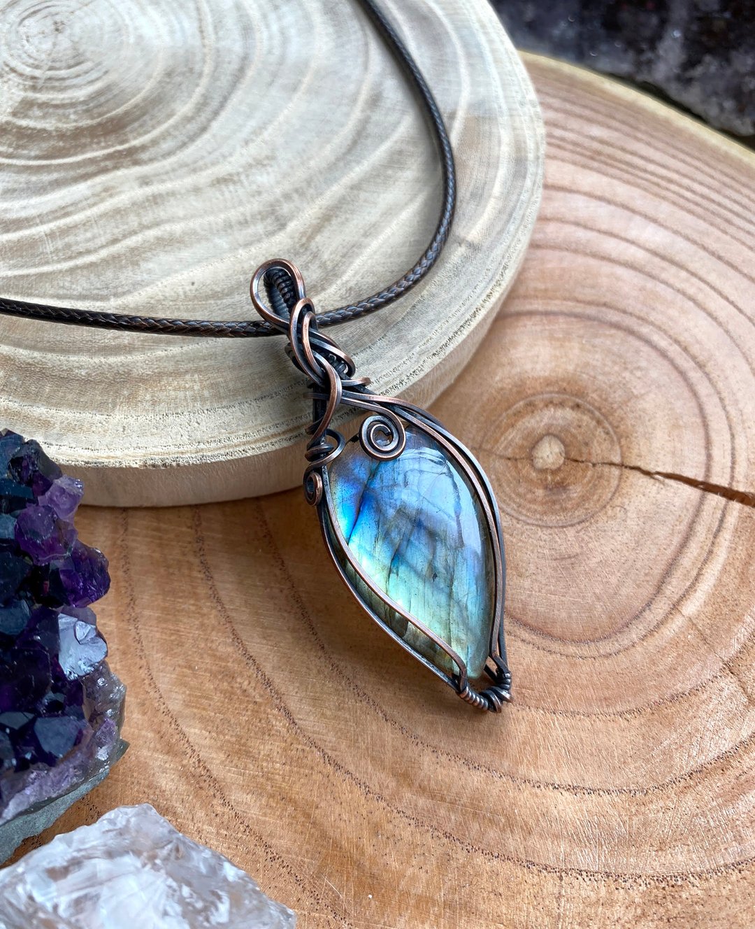 WW18 全手工编织 绕铜线 复古做旧 wire wrap 拉长石吊咀 项链 - 颈链 - 铜/黄铜 