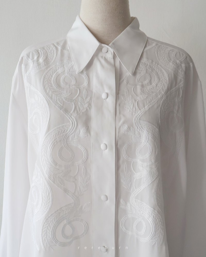 复古刺绣领宽松欧美版型长袖白色古着衬衫 - 女装衬衫 - 聚酯纤维 白色