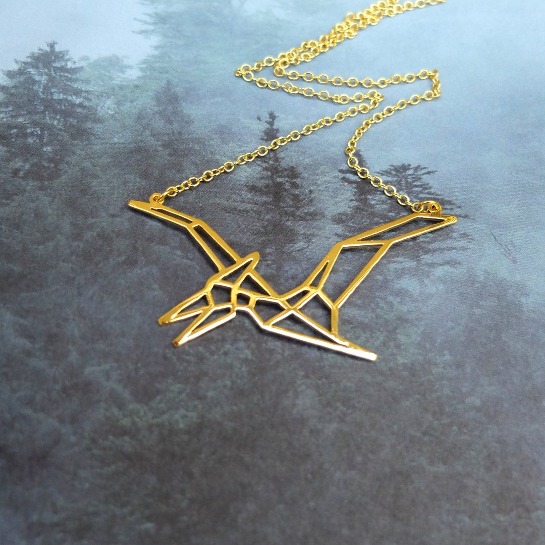 Pterodactyl Dinosaur Necklace, Gold Plated Brass, Birthday Gift - 项链 - 铜/黄铜 金色