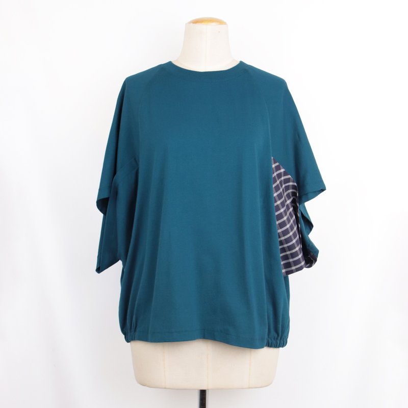 蓝绿 - 圆领格布拼接下伸缩T #U1197 - 女装上衣 - 棉．麻 蓝色