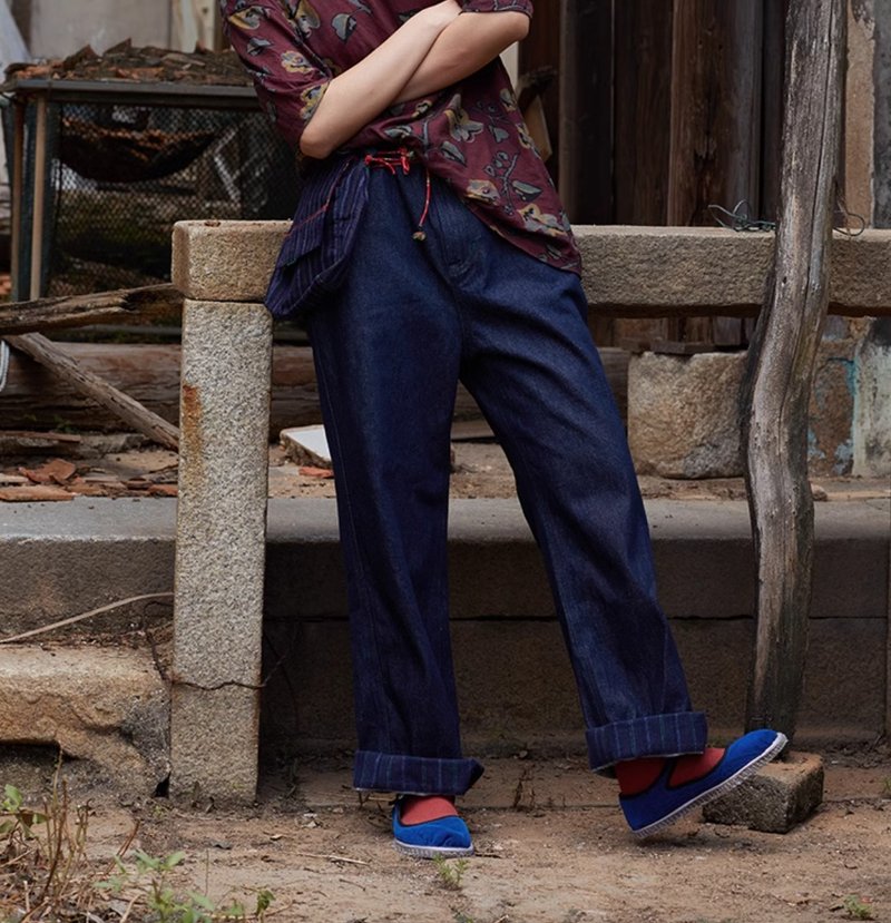 复古文青 纯棉深色牛仔裤 - 女装长裤 - 其他材质 蓝色