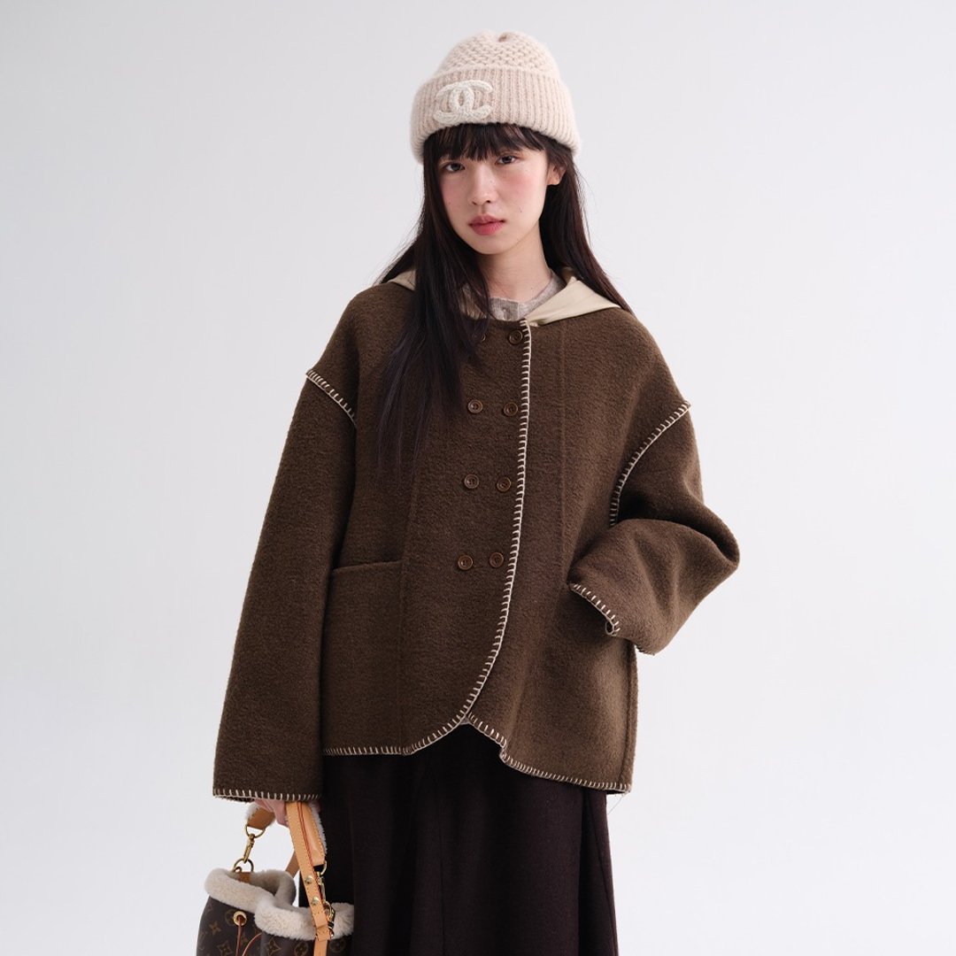 连帽刺绣双面外套|外套|冬款|Sora-2040 - 女装休闲/机能外套 - 羊毛 咖啡色