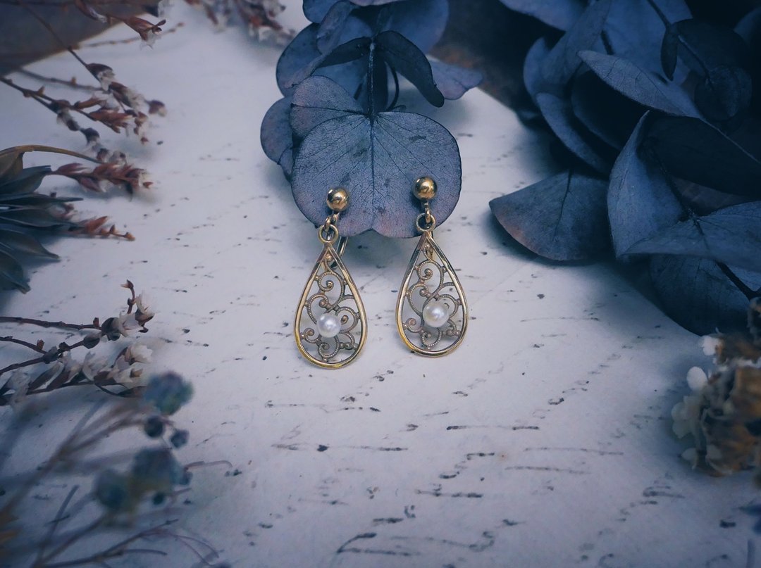 Van Dell 珍珠掐丝水滴镂空耳环－美国古董首饰 Vintage Jewelry - 耳环/耳夹 - 珍珠 