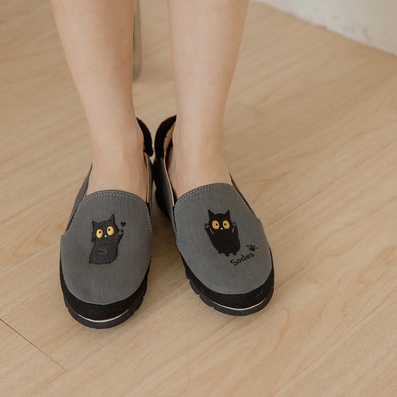 Paidalx黄阿玛 Socles招招手不弯腰平底休闲鞋乐福鞋懒人鞋-深灰 - 女款休闲鞋 - 棉．麻 黑色