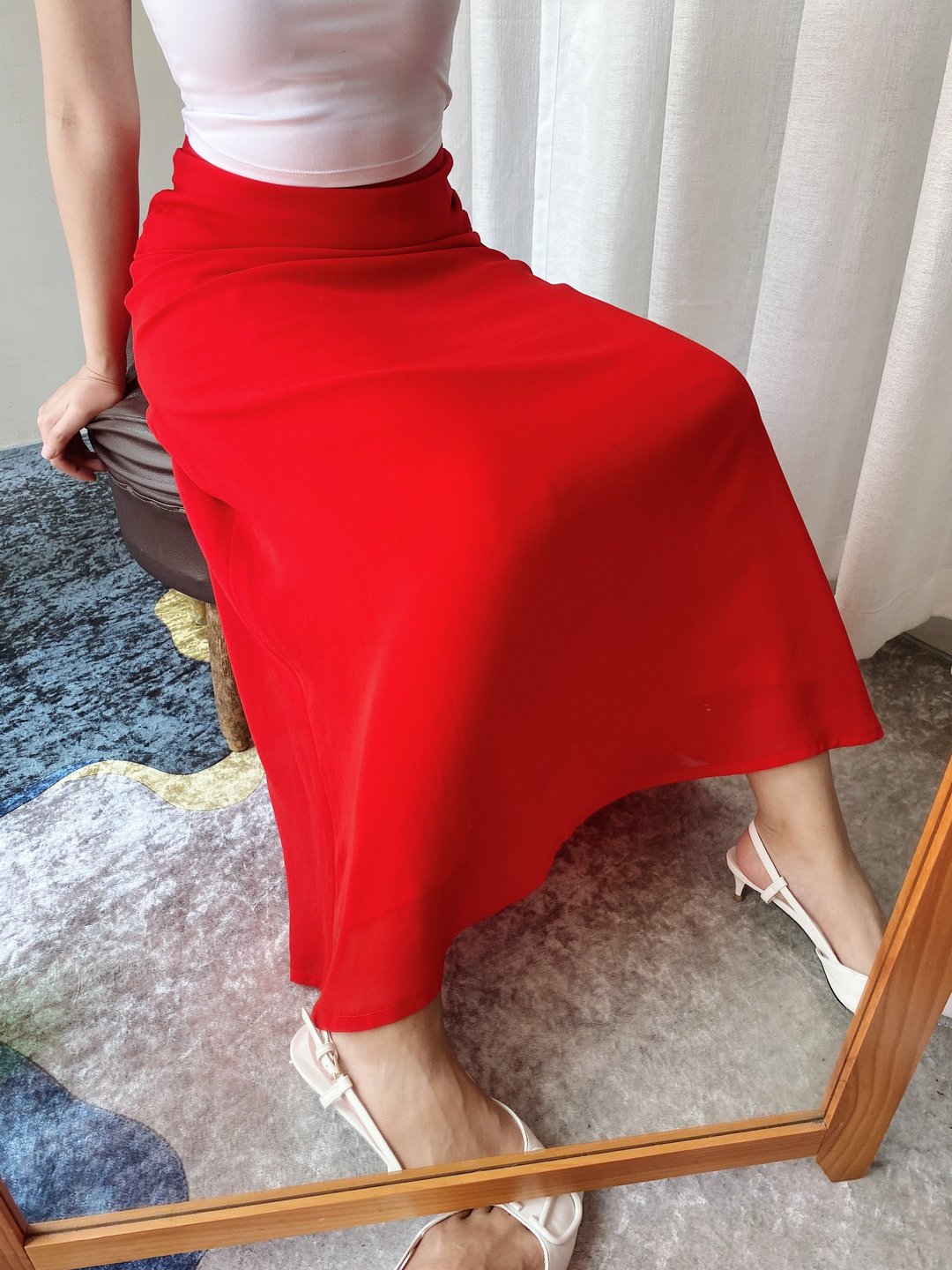 烈焰经典正纯红优雅青涩女孩 古着纺纱双层下身裙长裙 skirt - 裙子 - 聚酯纤维 红色