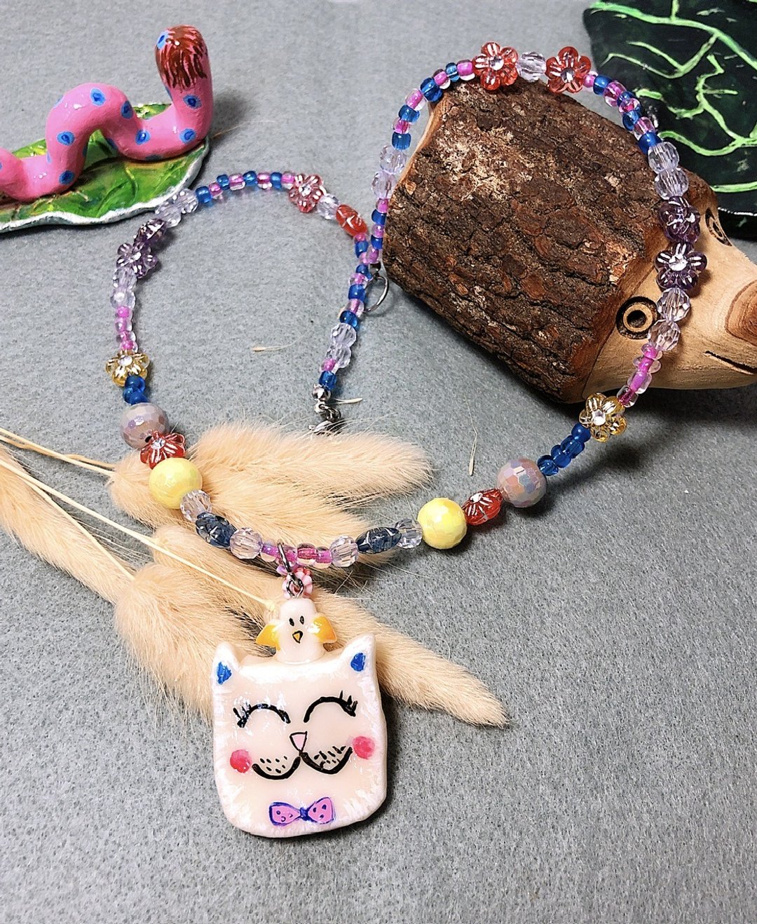 笑笑猫与小鸟 手作黏土项链 陶土 手绘捏制 钢丝线不锈钢扣 串珠 - 项链 - 粘土 白色