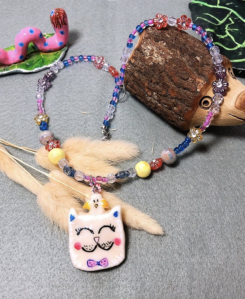 笑笑猫与小鸟 手作黏土项链 陶土 手绘捏制 钢丝线不锈钢扣 串珠 - 项链 - 粘土 白色