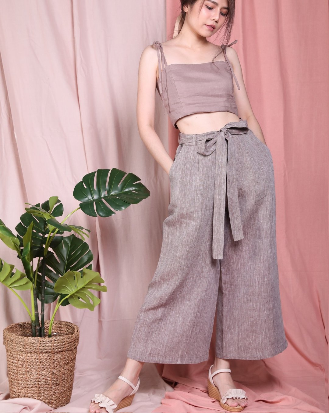 Natural linen wide Leg Pants - Light Brown - 女装长裤 - 亚麻 咖啡色