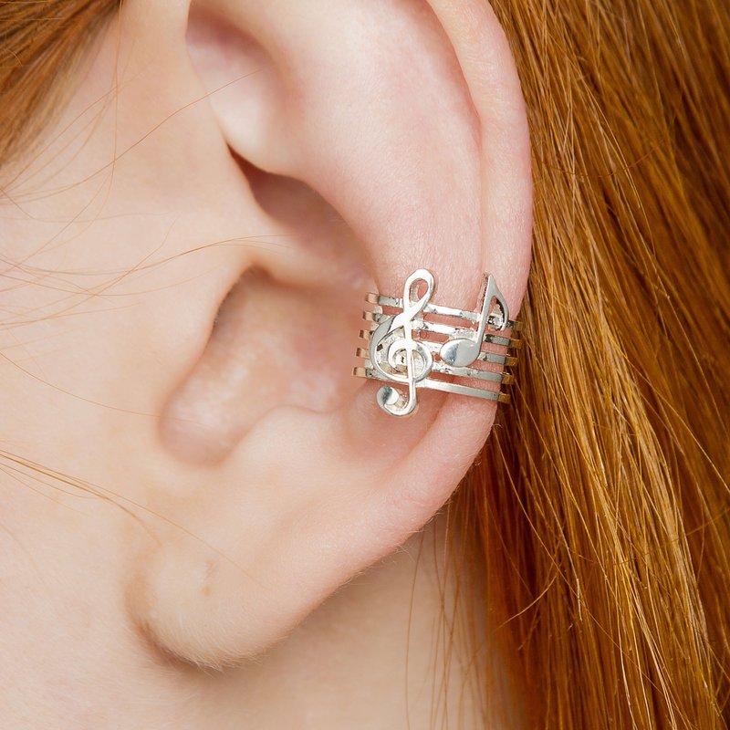 Treble clef ear cuff no piercing, Music jewelry - 耳环/耳夹 - 纯银 银色