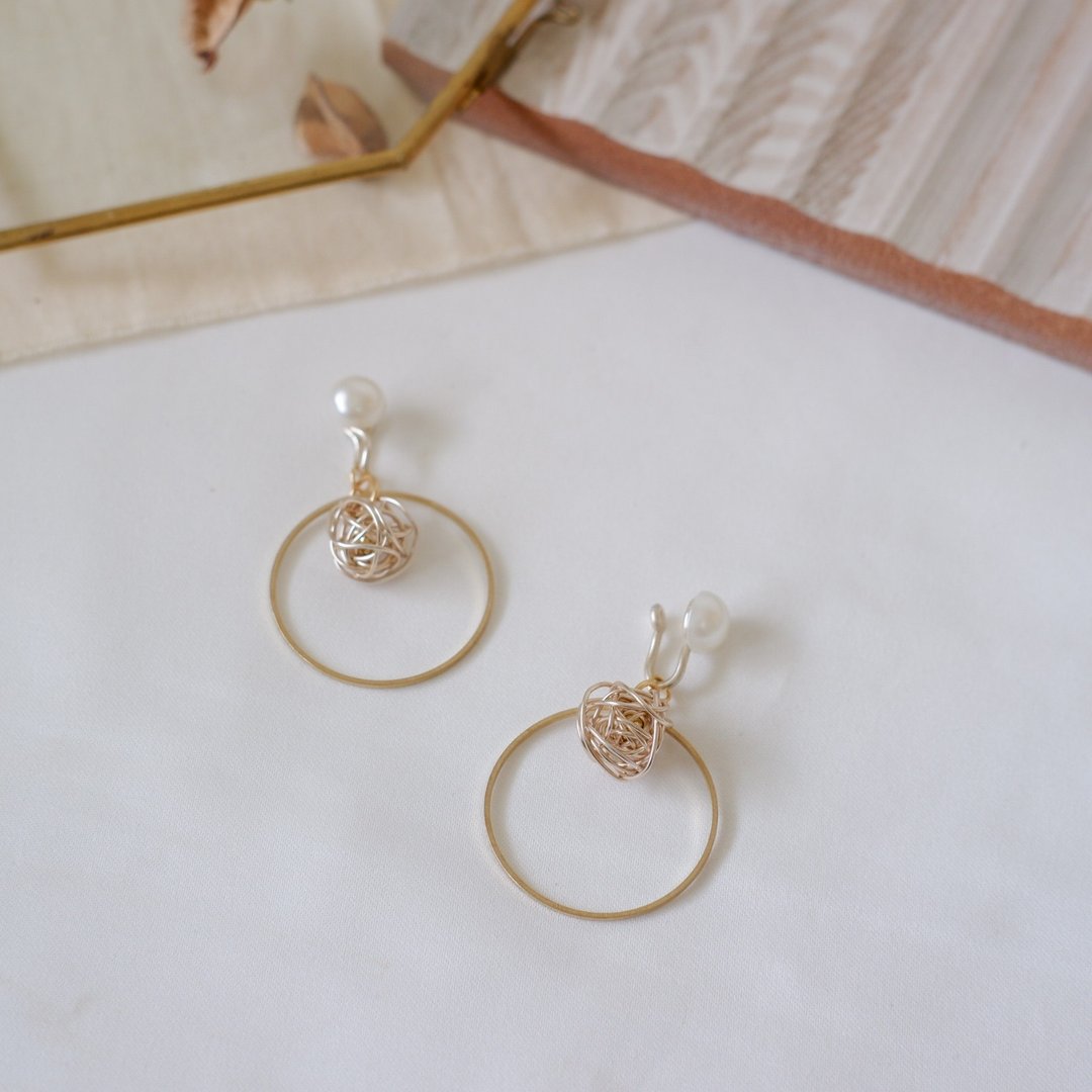 圆里缠丝球 无痛耳夹 / pearl_silver - 耳环/耳夹 - 其他金属 金色