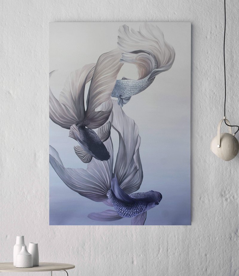 鲤鱼画 |锦鲤绘画 |中国油画 |日本鲤鱼 |鲤鱼 - 墙贴/壁贴 - 棉．麻 紫色