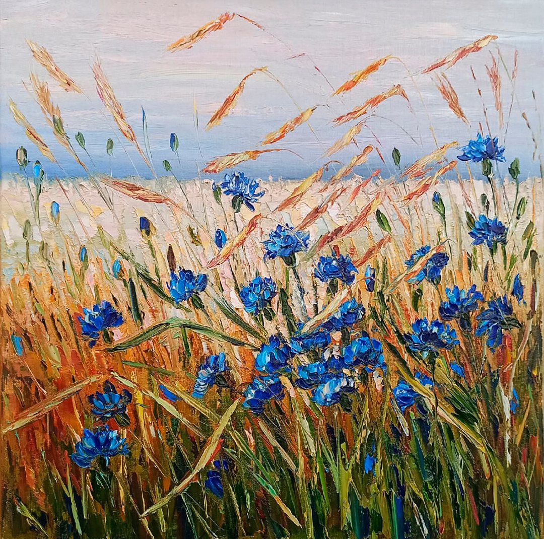 矢车菊绘画花卉原创艺术花卉厚涂油画帆布 - 海报/装饰画/版画 - 棉．麻 蓝色