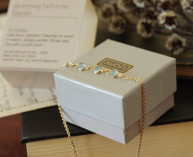 -古董金色水蓝莱茵石手链手环 3月生日石  AVON 1984 BR207 - 手链/手环 - 其他金属 金色